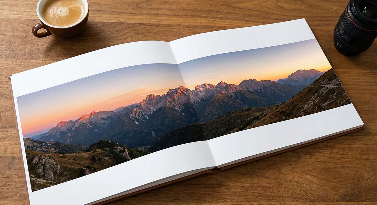 Libro abierto con paisaje montañoso