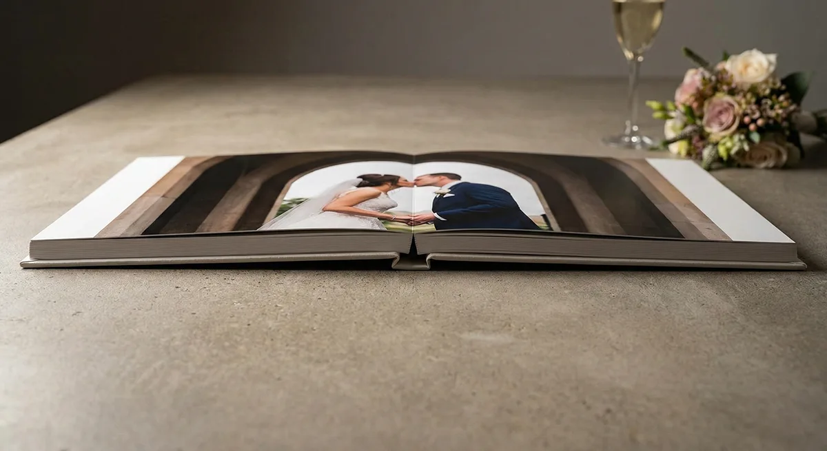 Álbum de boda abierto con pareja