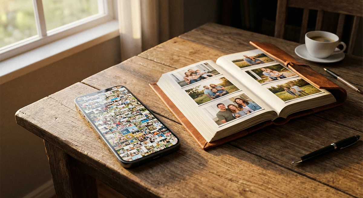 Álbum de fotos antiguo y teléfono en mesa.