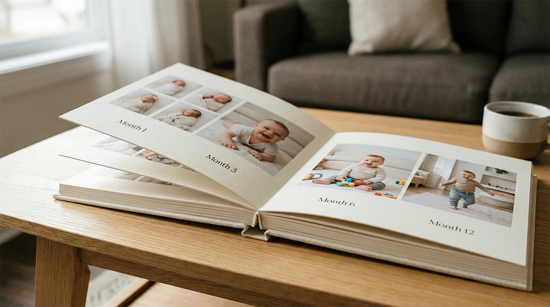 Álbum de fotos de bebé abierto.