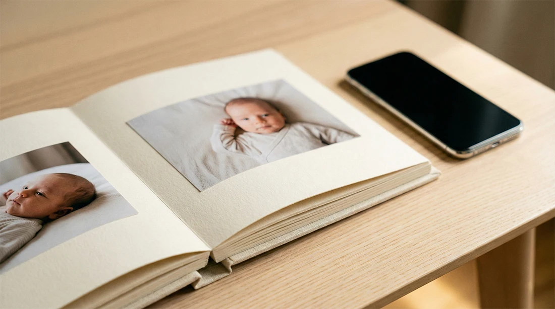 Álbum de fotos y teléfono móvil.