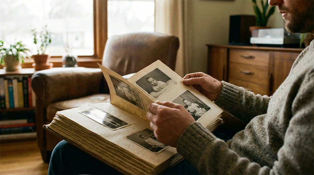 Hombre revisando álbum de fotos