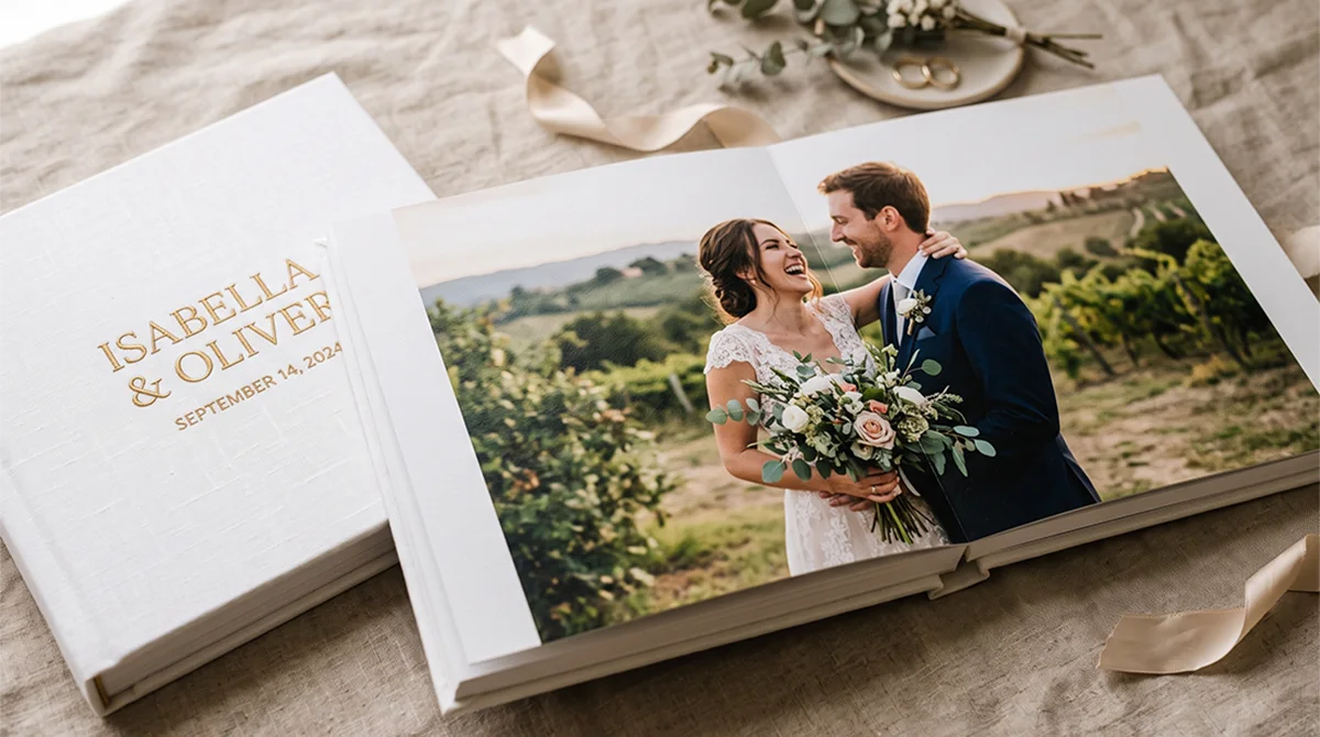 Álbum de fotos de boda artesanal Anupix abierto en apertura plana a 180°