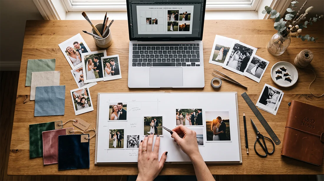 Diseñador de Anupix maquetando un álbum de fotos de boda profesional