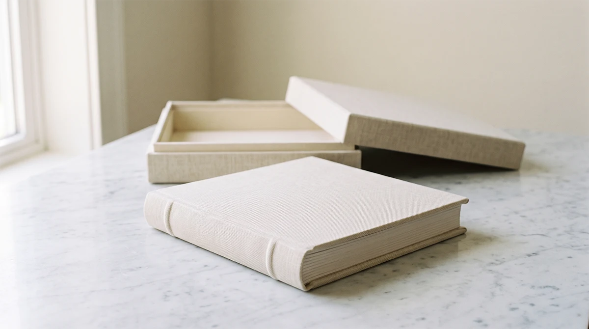 Álbum de fotos de lino con su caja rígida protectora incluida