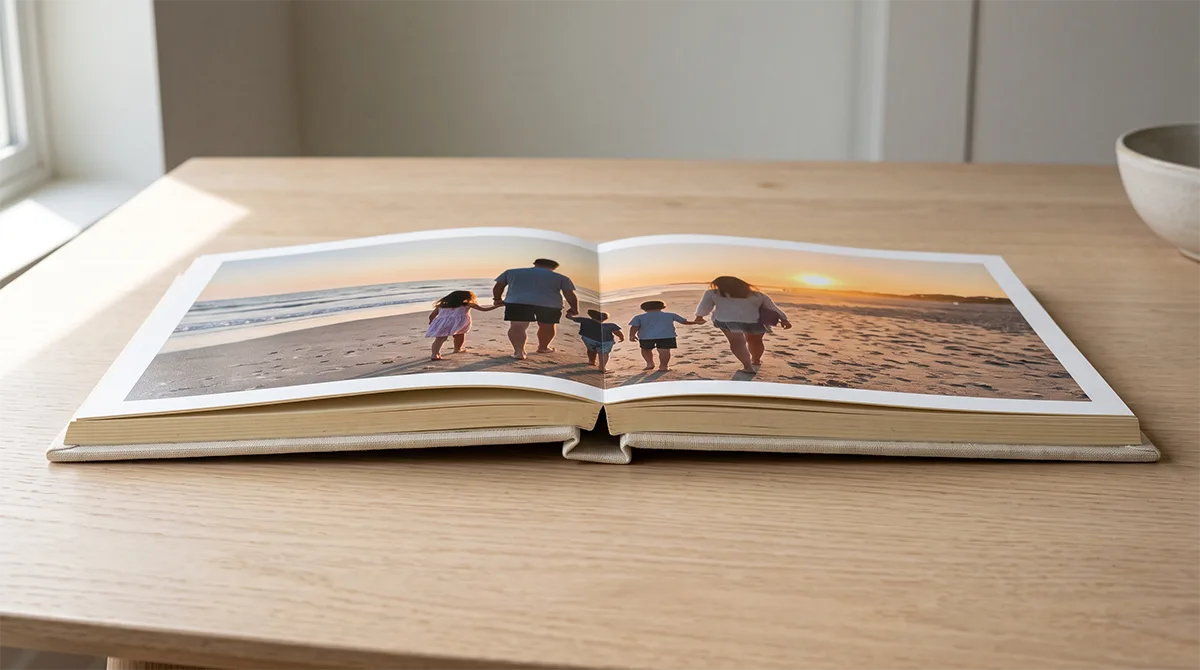Álbum abierto en apertura plana con una fotografía cruzando las dos páginas