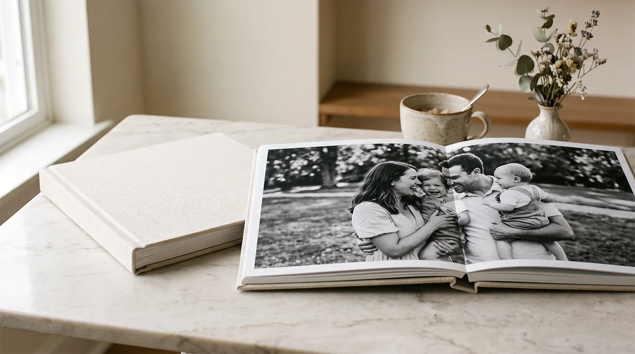 Álbum de fotos profesional de 30x30 cm con cubierta de lino sobre una mesa