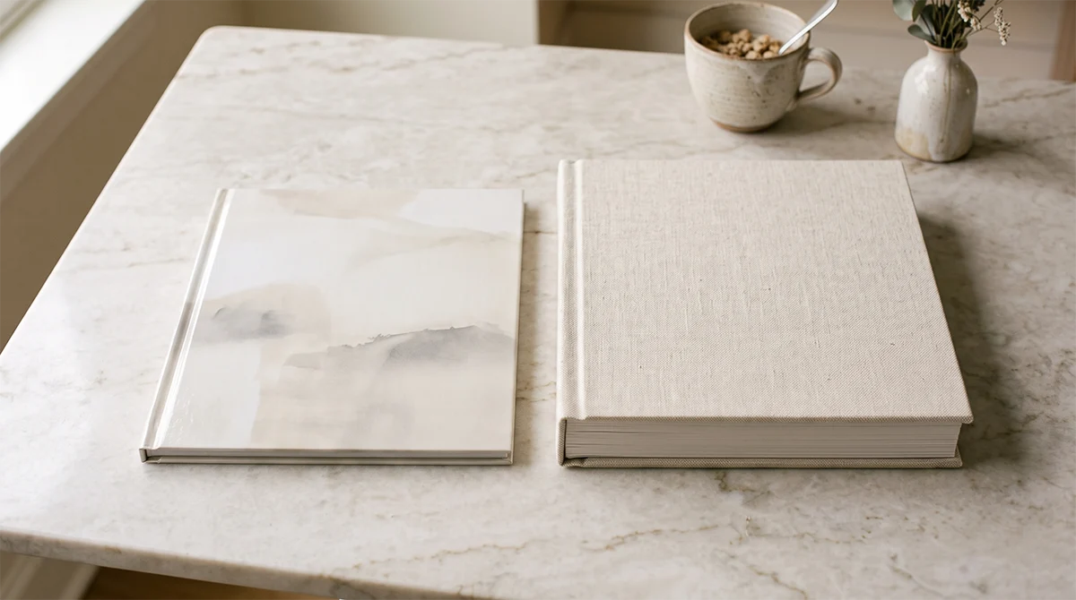 Comparación entre un fotolibro impreso online y un álbum artesanal de lino