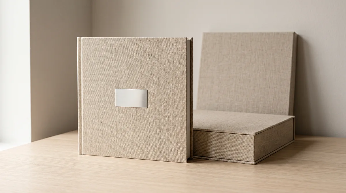 Álbum de fotos de lino con placa metálica junto a su caja rígida