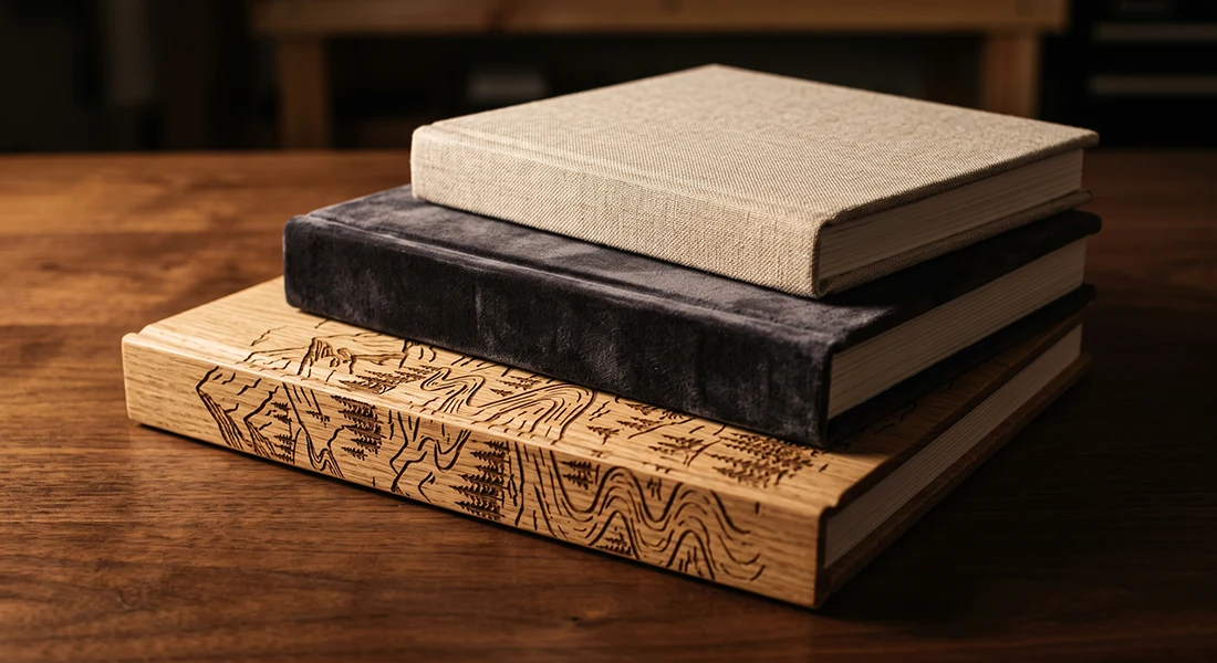 Álbumes artesanales Anupix en lino, terciopelo y madera