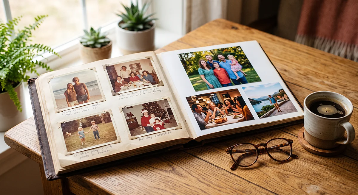Álbum de fotos para bodas de plata abierto sobre una mesa