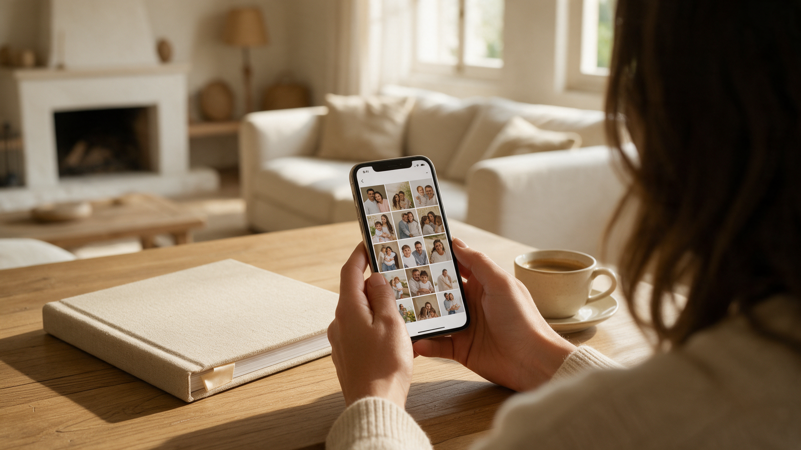 Manos con un móvil lleno de fotos familiares junto a un álbum de lino sobre una mesa de roble