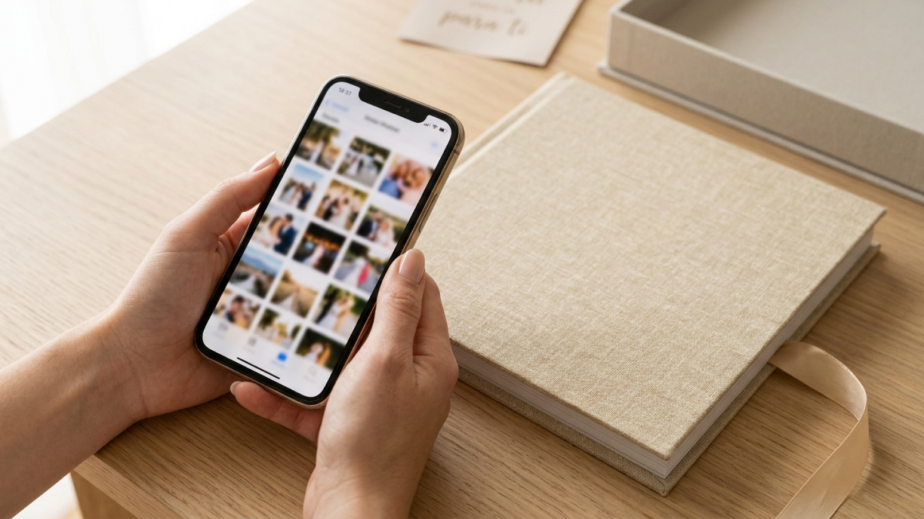 Manos con un iPhone junto a un álbum de fotos de lino natural sobre una mesa de roble
