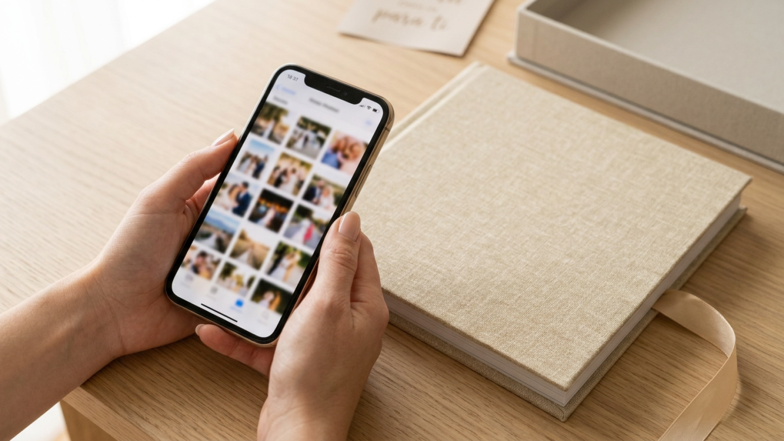 Manos con un iPhone junto a un álbum de fotos de lino natural sobre una mesa de roble