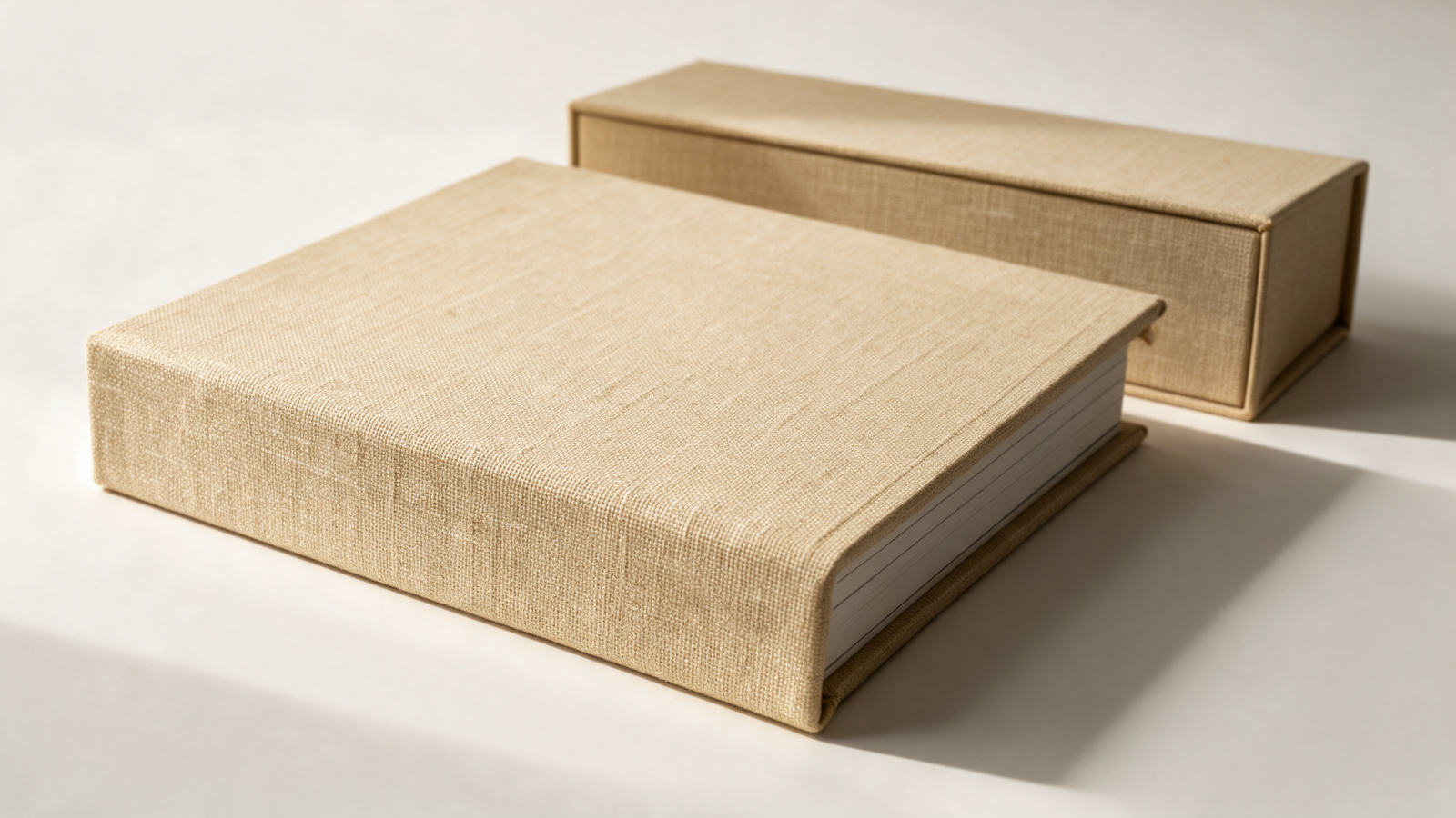 Detalle de la cubierta de lino natural de un álbum de fotos con caja rígida