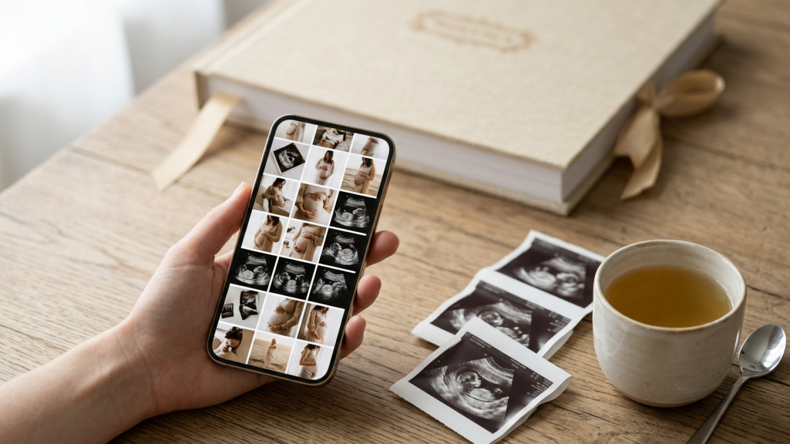 Móvil con fotos del embarazo y tiras de ecografía impresas sobre una mesa