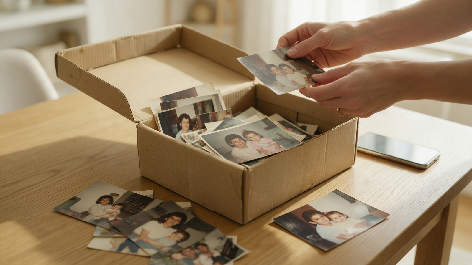 Caja de zapatos con fotos antiguas de familia sobre una mesa de roble