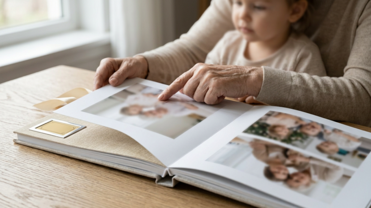 Manos de abuela sobre un álbum de fotos de lino con su nieto al fondo