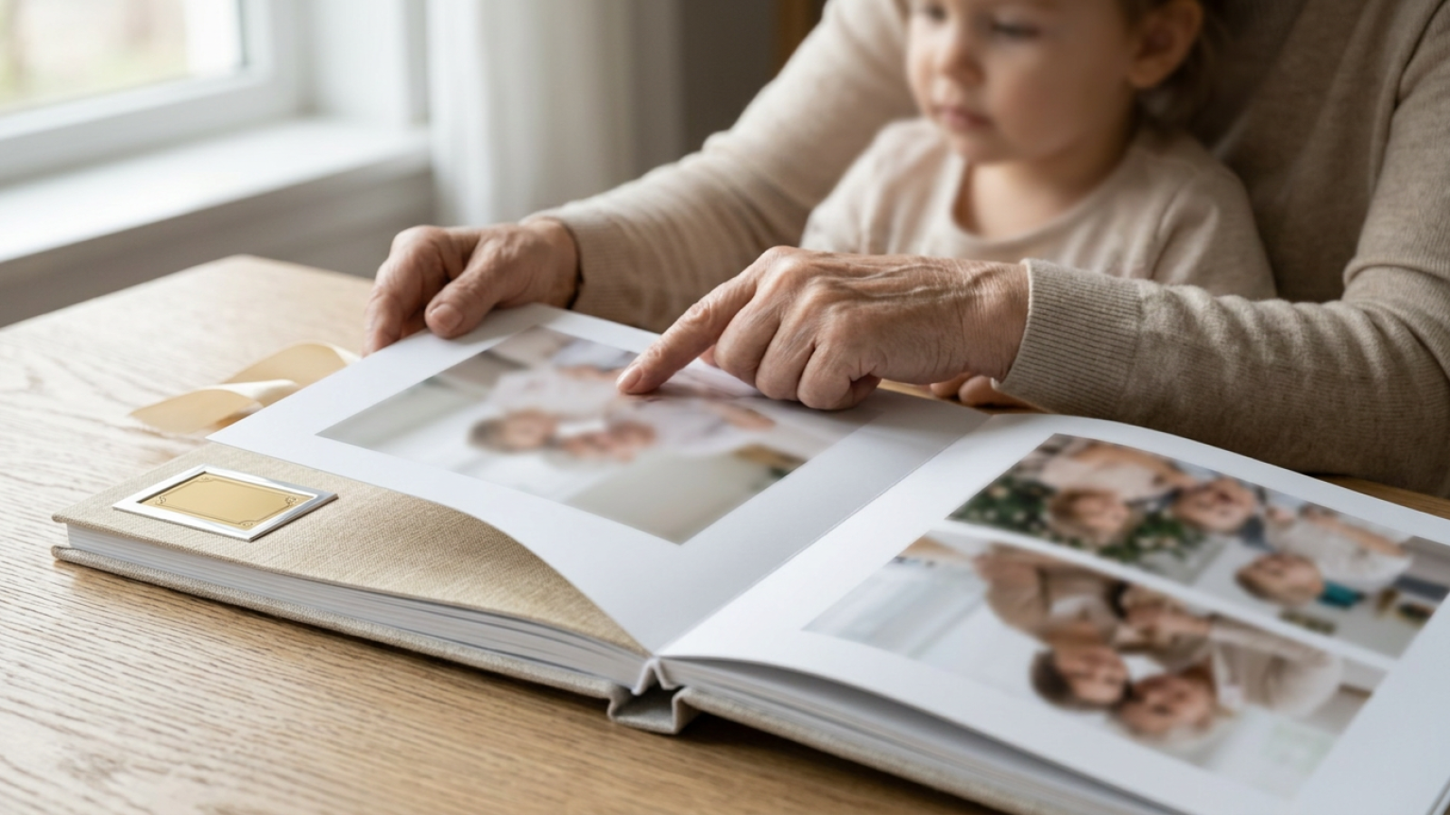 Manos de abuela sobre un álbum de fotos de lino con su nieto al fondo