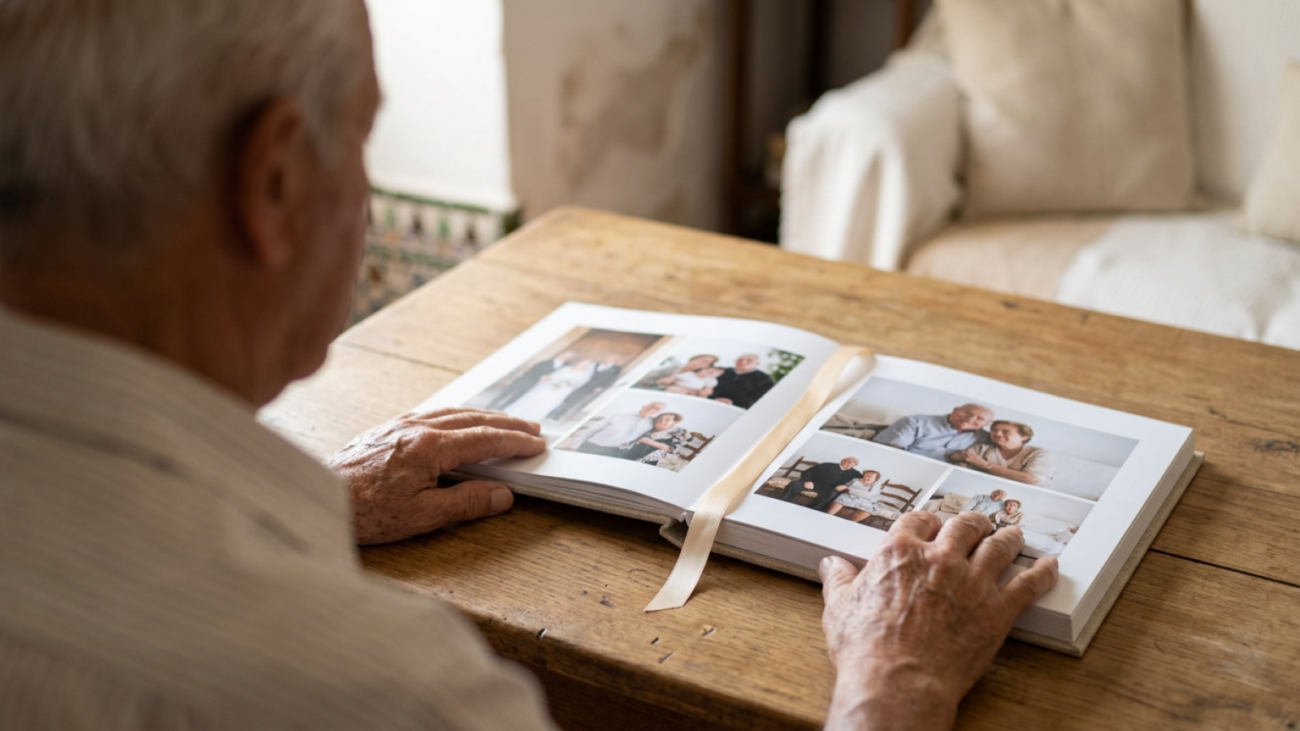 Abuelo de espaldas con las manos sobre un álbum de fotos de lino natural abierto en la mesa del salón