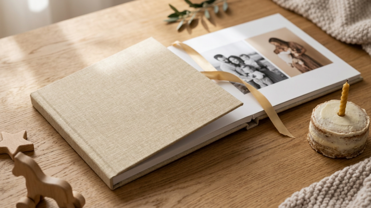 Álbum de fotos de lino natural sobre una mesa de roble junto a una tarta de primer cumpleaños con una vela