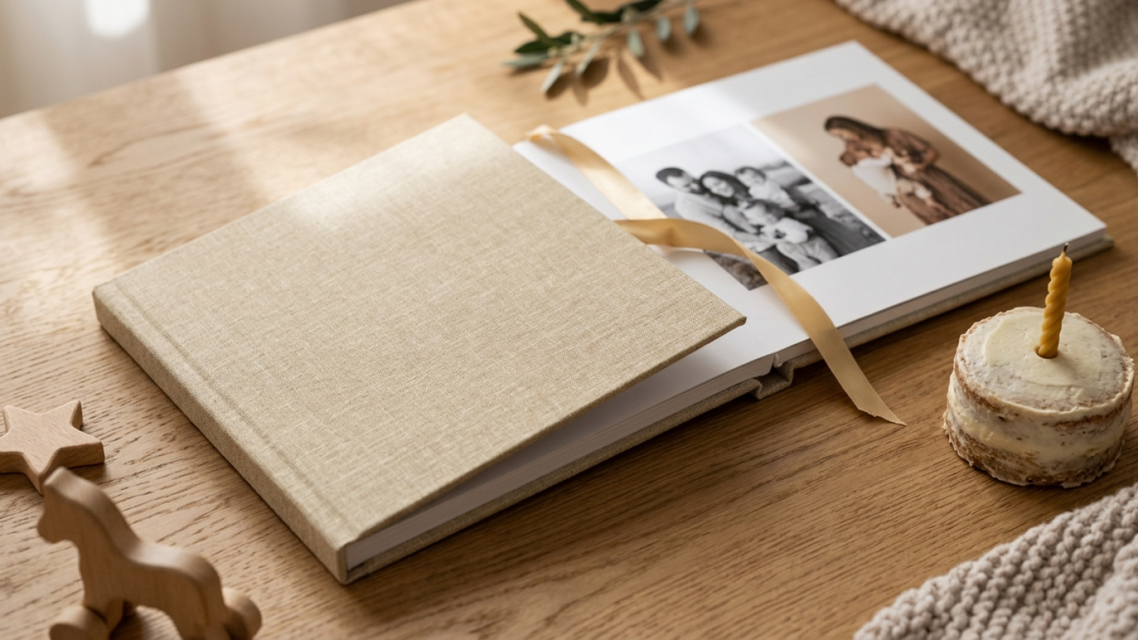 Álbum de fotos de lino natural sobre una mesa de roble junto a una tarta de primer cumpleaños con una vela