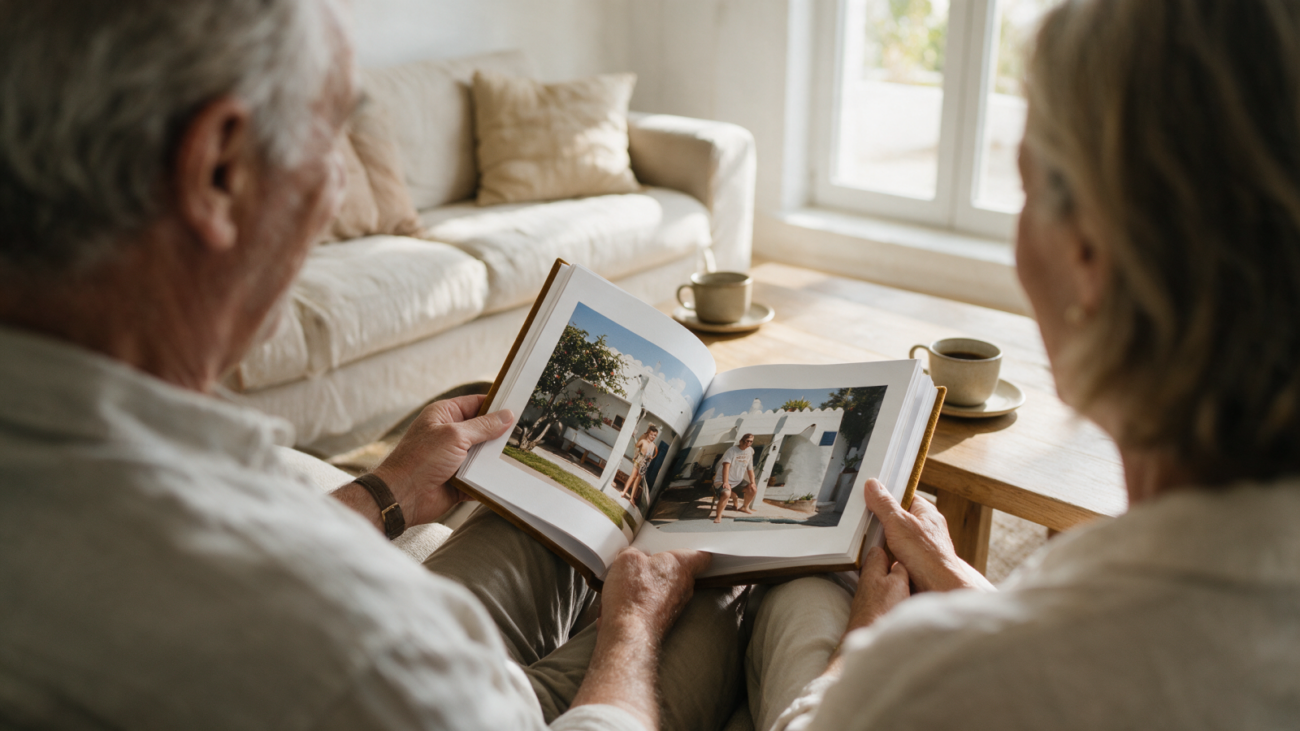 Pareja de suegros abriendo un álbum de fotos con cubierta de terciopelo en el sofá del salón