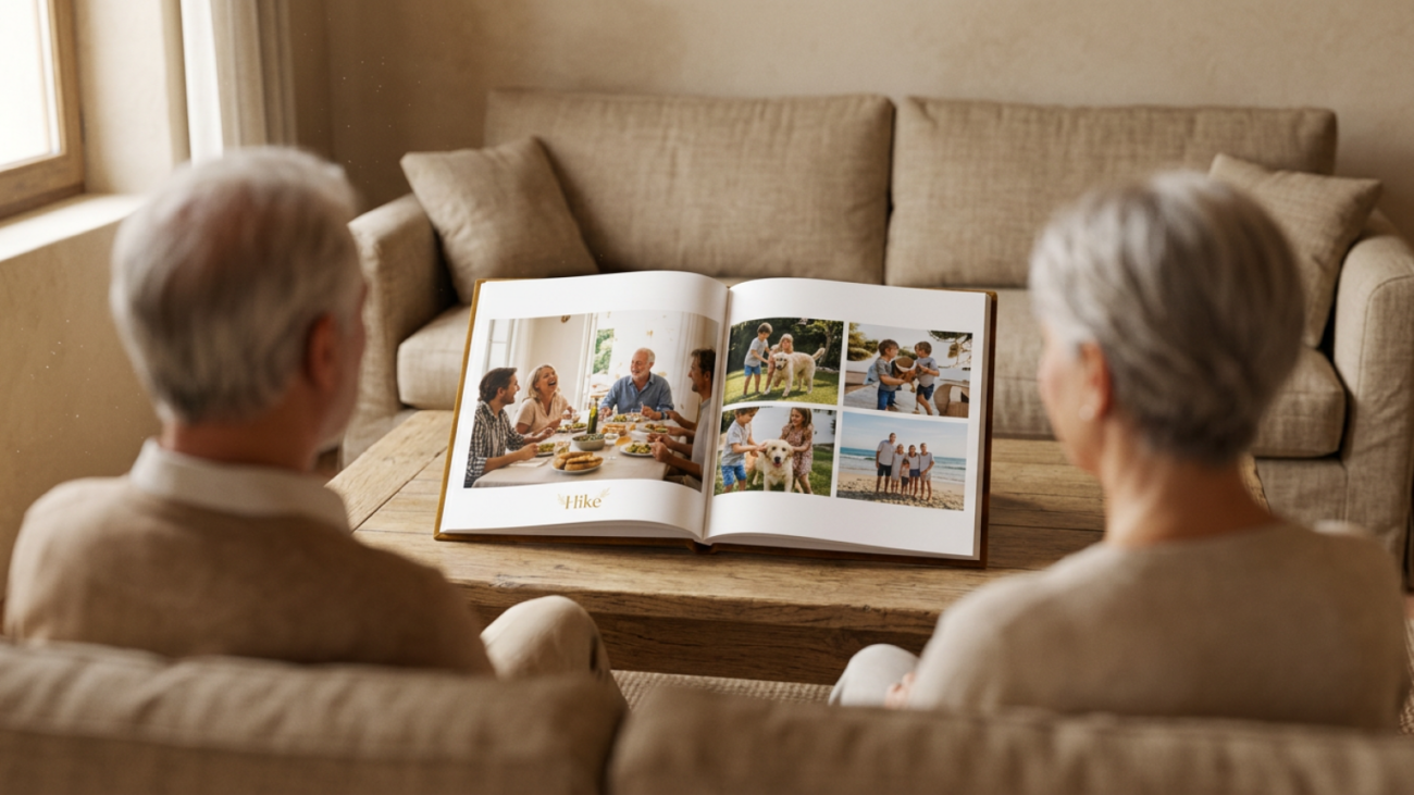 Dos padres sentados en el sofá del salón con un álbum de fotos de terciopelo abierto sobre la mesa