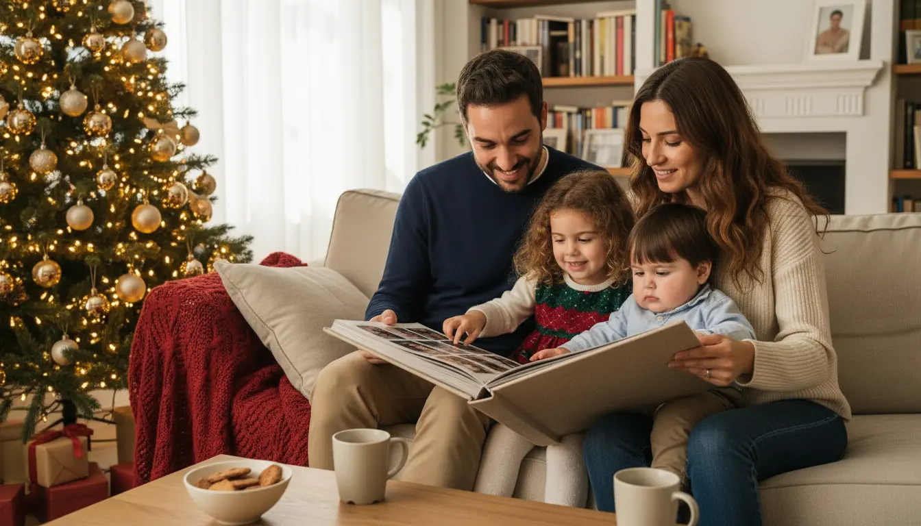 Familia en el sofá mirando juntos su álbum de fotos de lino en Navidad