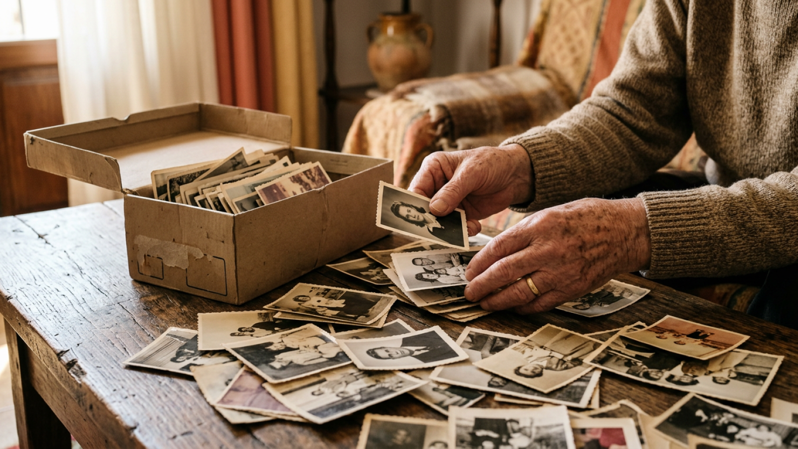 Caja de zapatos con fotografías antiguas de familia sobre una mesa de madera