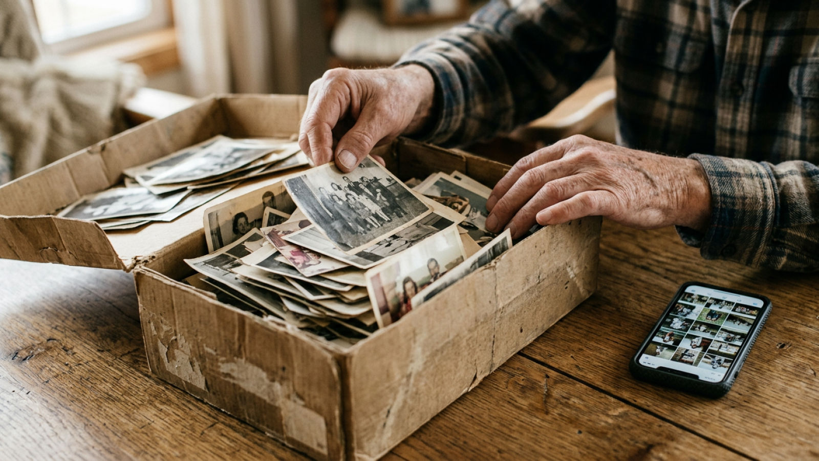 Caja de zapatos con fotos antiguas de familia y un móvil con la galería llena sobre una mesa de roble