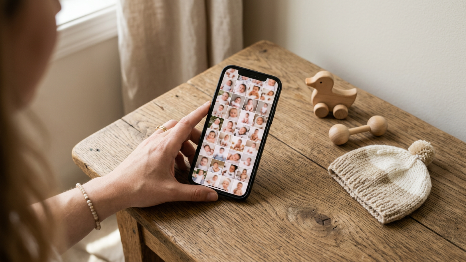 Móvil con la galería llena de fotos de bebé sobre una mesa de roble junto a juguetes de madera