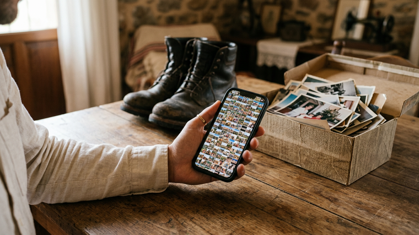 Móvil con miles de fotos de temporadas de caza y una caja de fotos antiguas sobre la mesa
