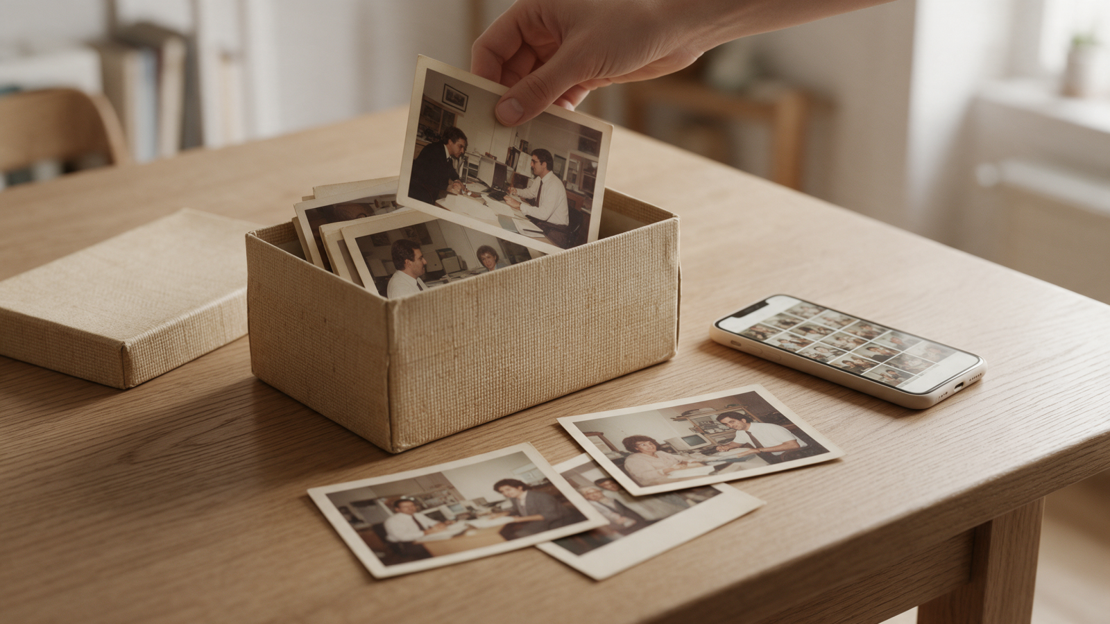Caja con fotos antiguas del trabajo y un móvil con cientos de fotos sobre una mesa de roble