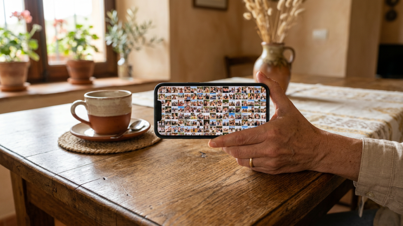 Mano sosteniendo un móvil con la galería llena de miniaturas de fotos de familia