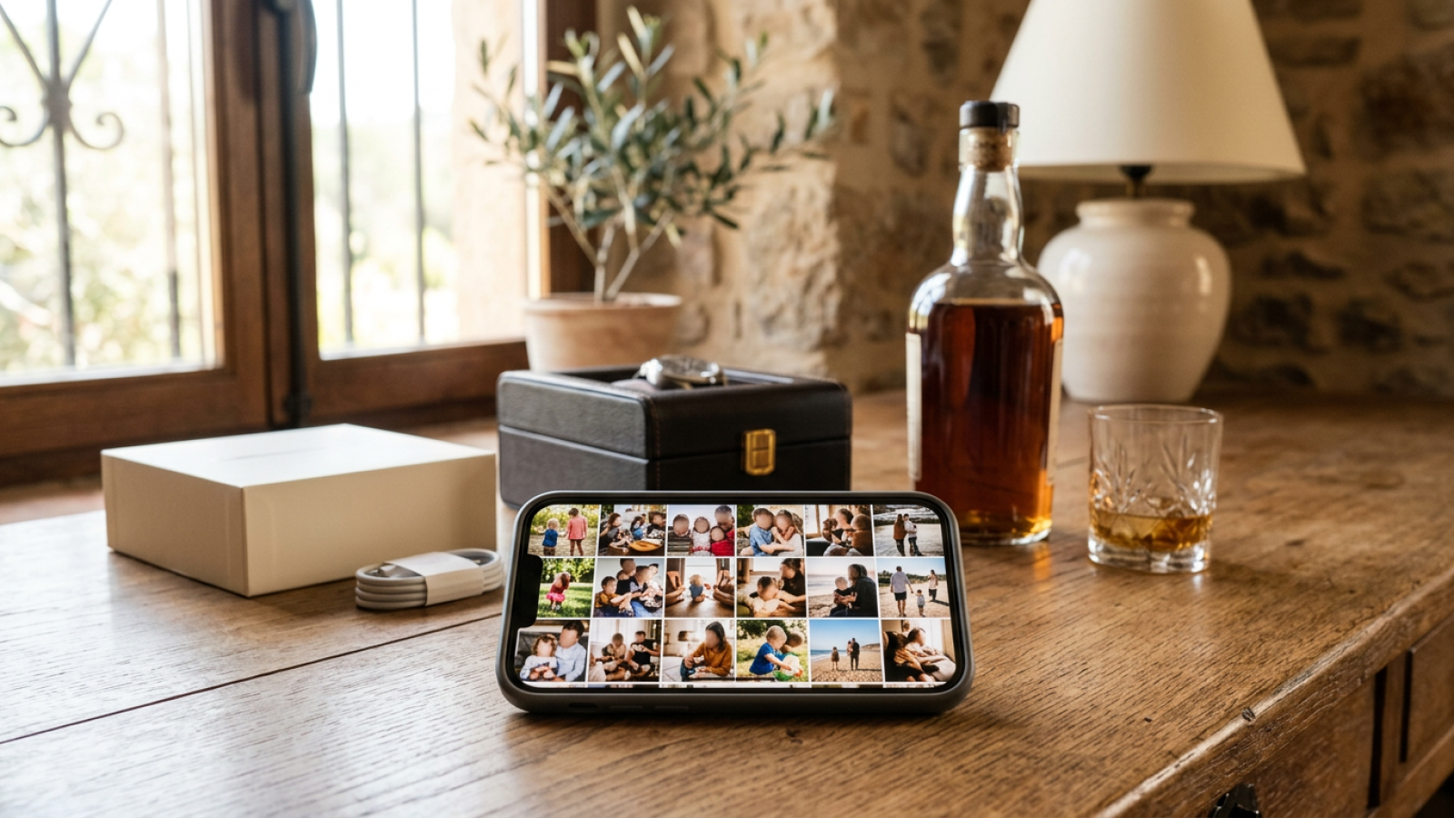Escritorio con cajas de regalo sin abrir y un móvil con una galería llena de fotos de familia