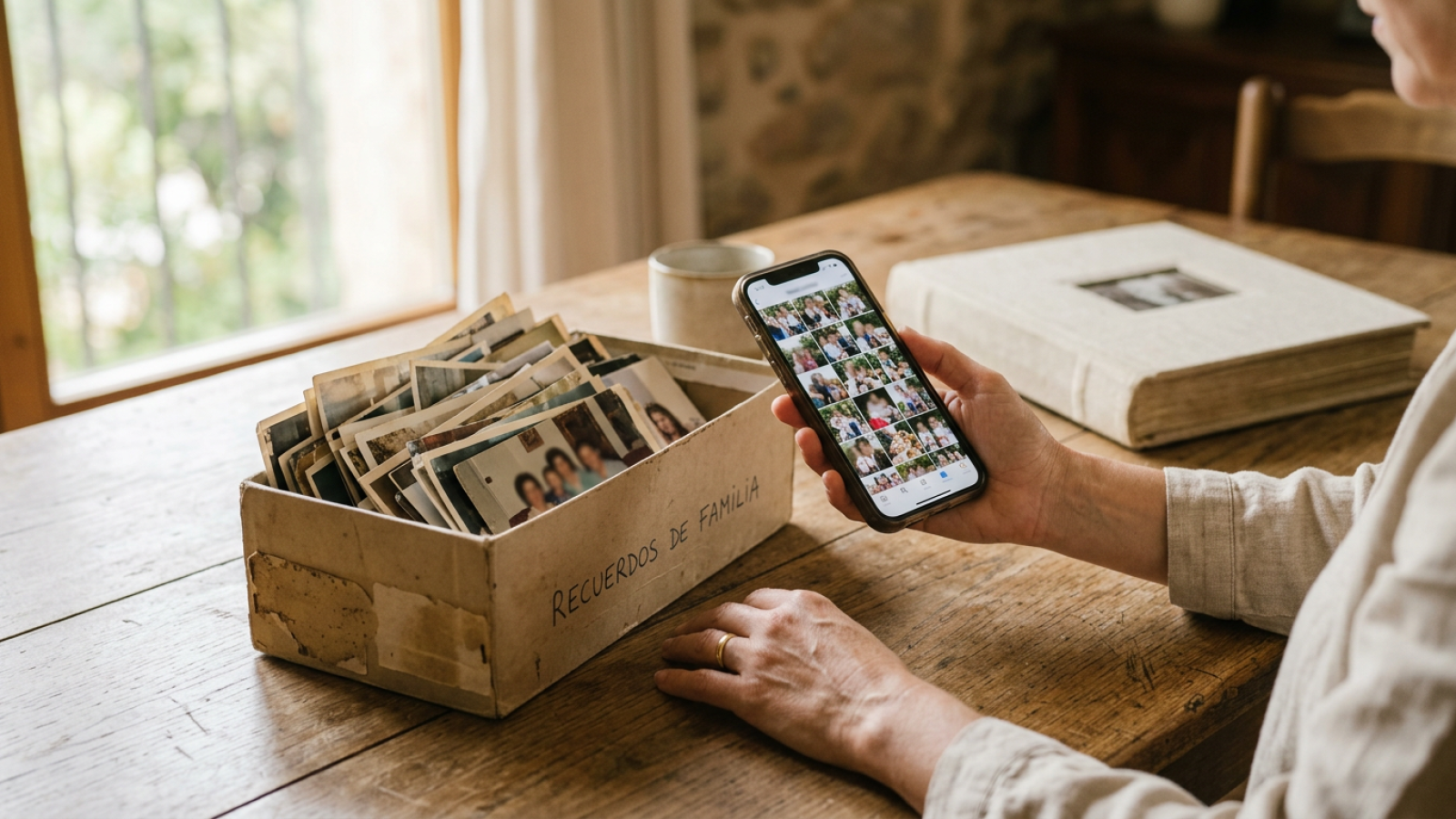 Móvil con la galería llena de fotos de familia junto a una caja de fotos antiguas